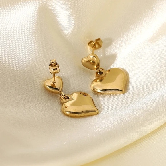 14K Gold Plated Heart Earrings*Double Heart Earrings*Drop Earrings - Picture 2 of 4